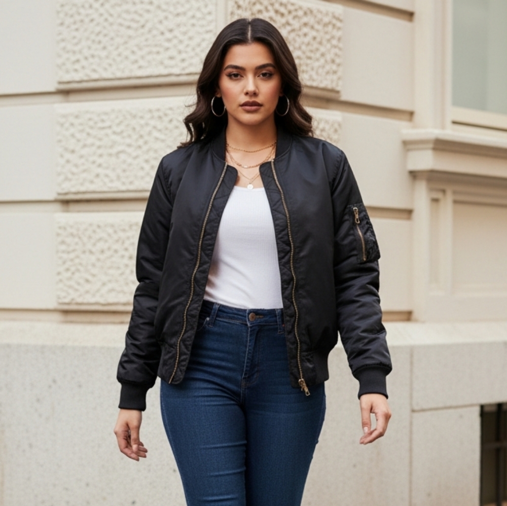 Women's Black Bomber Jacket with Orange Lining - Picture 6 of 14